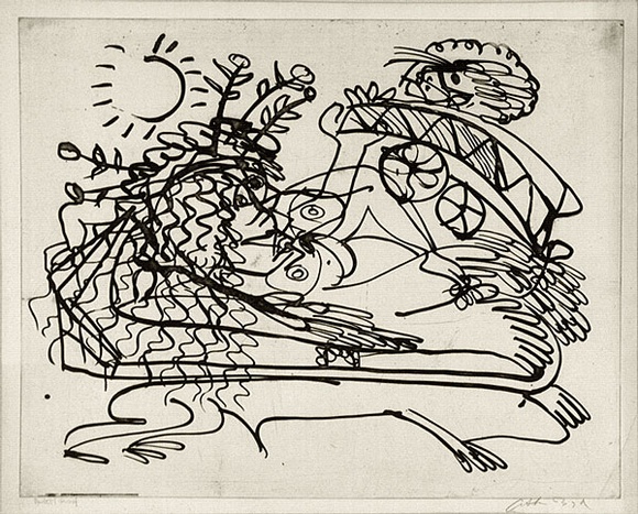 Artist: b'BOYD, Arthur' | Title: b'Reclining figure with sun and flying lion.' | Date: (1968-69) | Technique: b'etching, printed in black ink, from one plate' | Copyright: b'Reproduced with permission of Bundanon Trust'