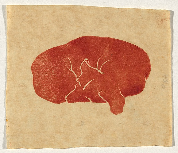 Artist: b'Bell, George..' | Title: b'(Dachshund sleeping).' | Technique: b'linocut, printed in red ink, from one block'