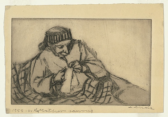 Artist: b'Groblicka, Lidia.' | Title: b'My mother sewing' | Date: 1955-56 | Technique: b'etching, printed in black ink, from one plate'