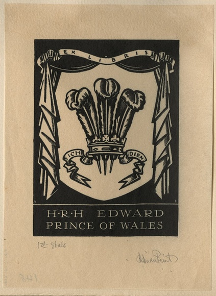 Artist: b'FEINT, Adrian' | Title: b'Bookplate: H R H Edward Prince of Wales.' | Date: (1934) | Technique: b'wood-engraving, printed in black ink, from one block' | Copyright: b'Courtesy the Estate of Adrian Feint'