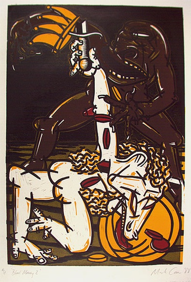 Artist: b'Carr, Mark.' | Title: b'Blood money 2' | Date: 1988 | Technique: b'linocut, printed in colour, from multiple blocks'