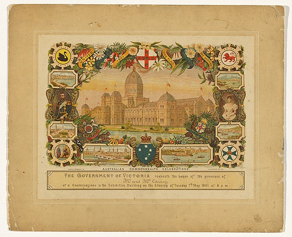 Artist: b'Austin, G.B.H.' | Title: b'Invitation: Australian Commonwealth celebrations to a conversazione in the Exhibition Building, May 1901.' | Date: 1901 | Technique: b'lithograph, printed in colour, from multiple stones [or plates]'