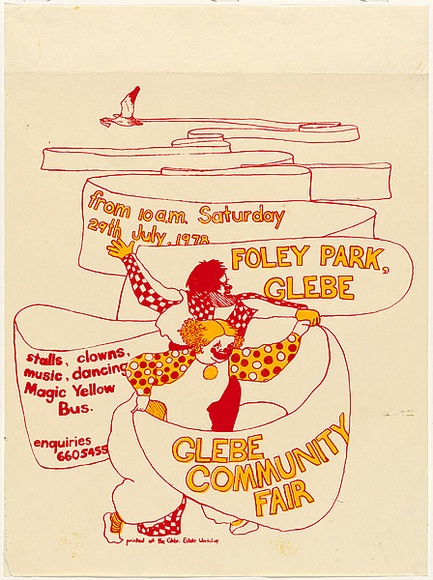 Artist: b'Lane, Leonie.' | Title: b'Glebe Community Fair' | Date: 1978 | Technique: b'screenprint, printed in colour, from two stencils' | Copyright: b'\xc2\xa9 Leonie Lane'