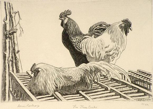 Artist: b'LINDSAY, Lionel' | Title: b'The three cocks' | Date: 1942 | Technique: b'line-engraving, printed in black ink, from one copper plate' | Copyright: b'Courtesy of the National Library of Australia'