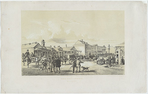 Title: b'Post office Melbourne.' | Date: 1853 | Technique: b'lithograph, printed in colour, from two stones; black ink and light cream tint stone'