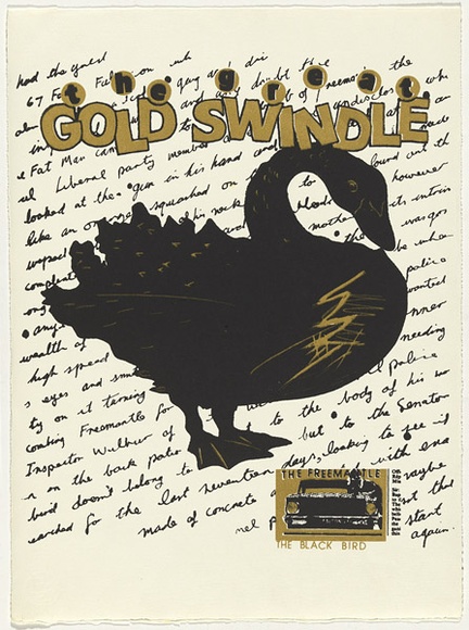 Artist: b'WORSTEAD, Paul' | Title: b'The great gold swindle' | Date: 1983 | Technique: b'screenprint, printed in colour, from two stencils' | Copyright: b'This work appears on screen courtesy of the artist'