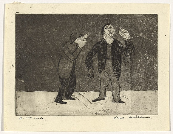 Artist: b'WILLIAMS, Fred' | Title: b'Two actors on stage' | Date: 1955-56 | Technique: b'etching, aquatint and drypoint, printed in black ink, from one copper plate' | Copyright: b'\xc2\xa9 Fred Williams Estate'