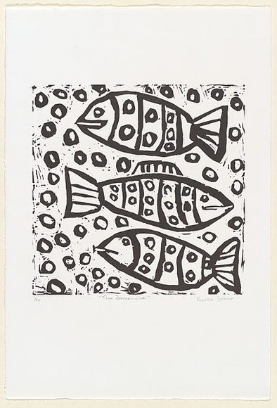 Artist: b'Thompson, Maureen.' | Title: b'Three barramundi' | Date: c.2001 | Technique: b'linocut, printed in black ink, from one block'