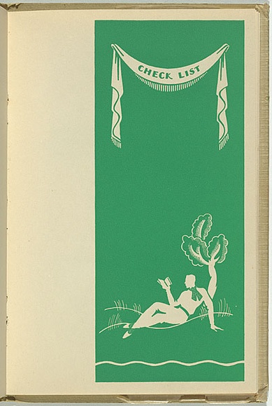 Artist: b'FEINT, Adrian' | Title: b'Check list.' | Date: 1934 | Technique: b'woodcut, printed in green ink, from one block' | Copyright: b'Courtesy the Estate of Adrian Feint'