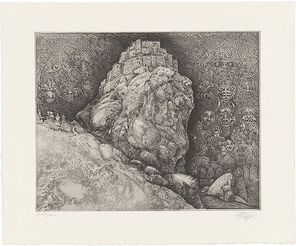 Artist: SCHMEISSER, Jorg | Title: Bardan and masks | Date: 1985 | Technique: etching and aquatint, printed in black ink, from one plate | Copyright: © Jörg Schmeisser