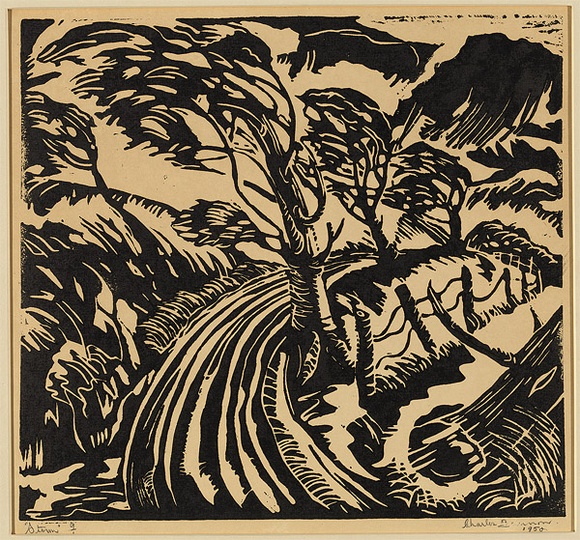 Artist: b'Bannon, Charles.' | Title: b'Storm.' | Date: 1950 | Technique: b'linocut, printed in black ink, from one block'