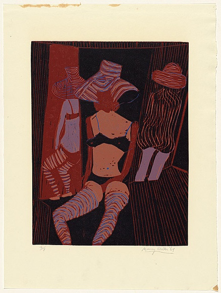 Artist: b'WALKER, Murray' | Title: b'Miss Karen and two others' | Date: 1968? | Technique: b'linocut, printed in colour, from four blocks'