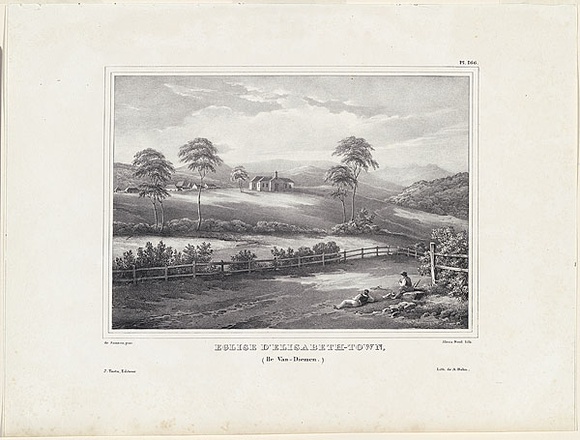 Title: bEglise d'Elisabeth-town. Ile Van Diemen. [Church at Elizabeth Town. Van Diemen's Island] | Date: c.1833 | Technique: b'lithograph, printed in black ink, from one stone'