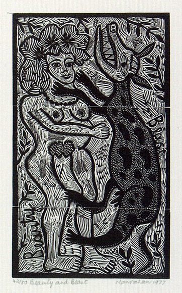 Artist: b'HANRAHAN, Barbara' | Title: b'Beauty and beast' | Date: 1977 | Technique: b'wood-engraving, printed in black ink, from one block'