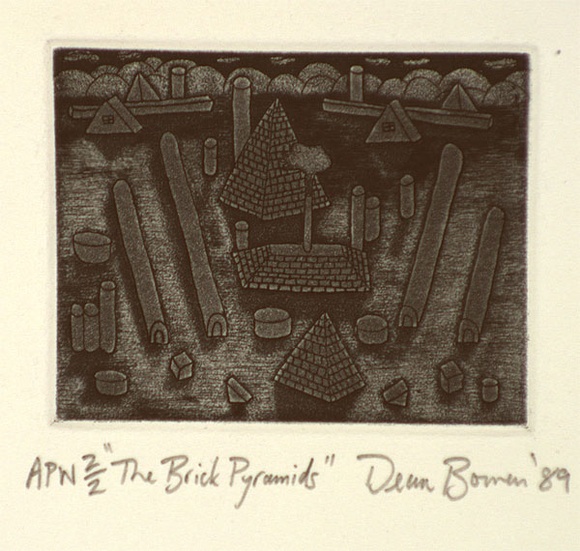 Artist: b'Bowen, Dean.' | Title: b'The brick pyramids' | Date: 1989 | Technique: b'etching, printed in blue ink, from one plate'