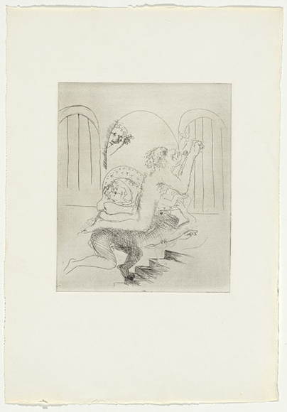 Artist: b'BOYD, Arthur' | Title: b'(Lovers in the basement with landlady on the stairs) [variant VII].' | Date: 1970 | Technique: b'etching, printed in black ink, from one plate' | Copyright: b'Reproduced with permission of Bundanon Trust'