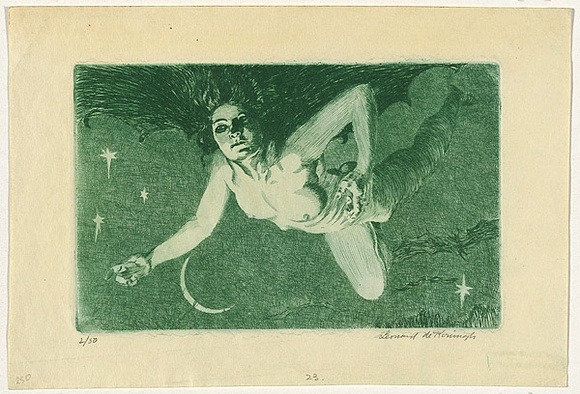 Artist: b'De Konigh, Leonard.' | Title: b'(Floating nude with stars and moon).' | Date: c.1930 | Technique: b'etching, printed in green, from one  plate'