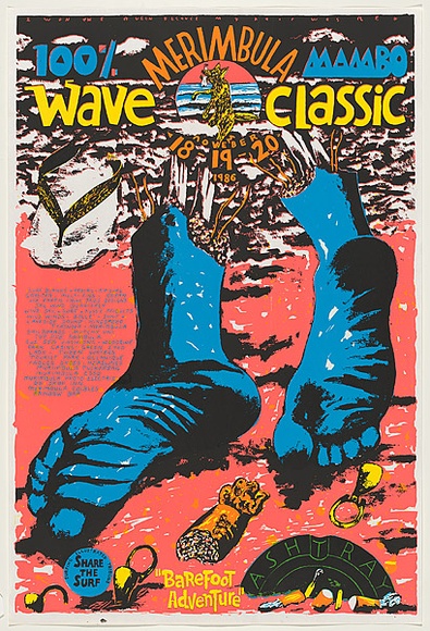 Artist: b'WORSTEAD, Paul' | Title: b'100% Mambo Merimbula wave classic' | Date: 1986 | Technique: b'screenprint, printed in colour, from four stencils' | Copyright: b'This work appears on screen courtesy of the artist'