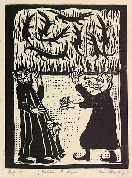 Artist: b'Allen, Joyce.' | Title: b(Wizard Agonis cringes under Wizard Lambertia's wickedness) (Illustration 8). | Date: 1987 | Technique: b'linocut, printed in black ink, from one block'