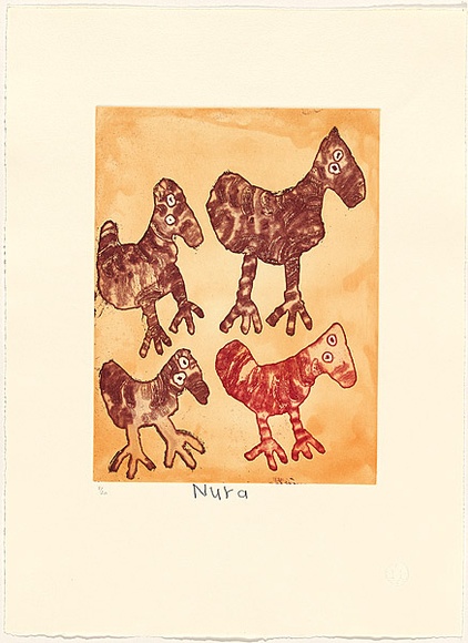 Artist: b'RUPERT, Nura' | Title: b'Kalaya tjuta (many emus)' | Date: 2007 | Technique: b'etching, printed in colour, from three plates' | Copyright: b'\xc2\xa9 Nura Rupert. Licensed by VISCOPY, Australia, 2008.'