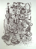 Artist: b'Walsh, Peter.' | Title: b'not titled [multiple heads in stylised city-scape]' | Date: 1987 | Technique: b'lithograph, printed in black ink, from one stone'