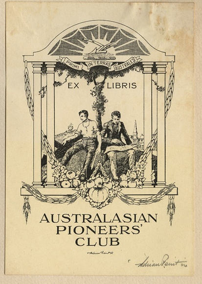 Artist: FEINT, Adrian | Title: Bookplate: Australasian Pioneers' Club. | Date: 1924 | Technique: line-block, printed in black ink, from one process block | Copyright: Courtesy the Estate of Adrian Feint