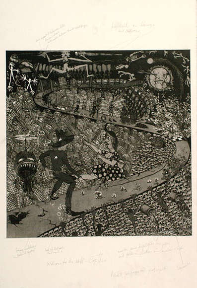 Artist: b'COLEING, Tony' | Title: b'Welcome to the world, - Cop this.' | Date: 1986-88 | Technique: b'etching and drypoint, printed in black ink, from one plate'