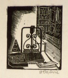 Artist: b'OGILVIE, Helen' | Title: b'not titled [Chemist shop interior - a wood engraving used for an illustration on Page 46 of Flinders Lane, Recollections of A' | Date: (1947) | Technique: b'wood-engraving, printed in black ink, from one block'