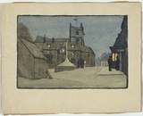 Artist: b'Harris, Mary P.' | Title: b'(Town square at night)' | Date: c.1920 | Technique: b'linocut, printed in colour, from multiple blocks'