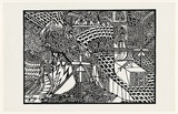 Artist: b'Dickson, Jim.' | Title: b'not titled [black and white surreal composition, two eyes in triangles upper centre and mushrooms on right].' | Date: 1970-1990 | Technique: b'screenprint, printed in black ink, from one stencil'