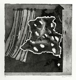 Artist: BALDESSIN, George | Title: not titled [irregular shape through parted curtains]. | Date: 1972 | Technique: etching and aquatint, printed in black ink, from one shaped and perforated plate