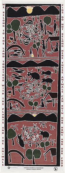 Artist: b'MUNUNGGURR, Marrnyula 2' | Title: b'We belong to the land together with...' | Date: 1990 | Technique: b'screenprint, printed in colour, from multiple stencils'