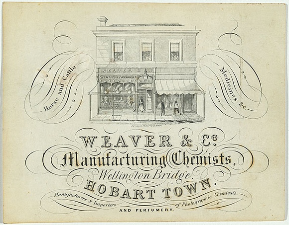 Artist: b'Jarman, Richard.' | Title: b'Trade card: Weaver and Co. Manufacturing chemists, Wellington Bridge, Hobart Town' | Date: c.1864 | Technique: b'engraving, printed in black ink, from one copper plate'