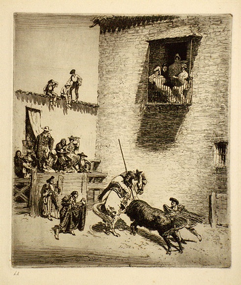 Artist: b'LINDSAY, Lionel' | Title: b'Bull fight in or Andolusian village, Spain' | Date: 1922 | Technique: b'etching, printed in black ink with plate-tone, from one plate' | Copyright: b'Courtesy of the National Library of Australia'