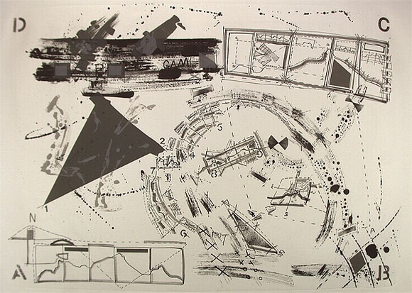 Artist: b'Wickham, Stephen.' | Title: b'not titled [lines with A, D, C, 13 in each corner].' | Date: 1985 | Technique: b'lithograph, printed in black and grey ink, from two stones' | Copyright: b'Stephen Wickham is represented by Australian Galleries Works on paper Sydney & Stephen McLaughlan Gallery, Melbourne'