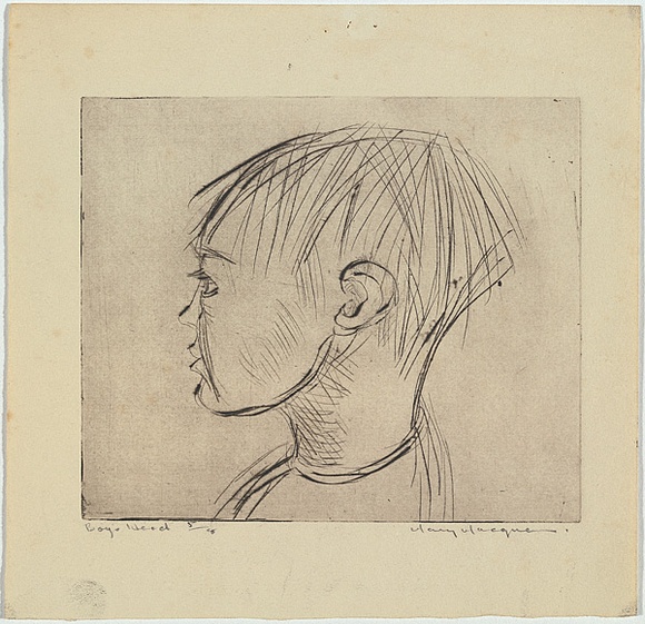 Artist: b'MACQUEEN, Mary' | Title: bBoy's head | Date: c.1960 | Technique: b'drypoint, printed in black ink with plate-tone, from one zinc plate' | Copyright: b'Courtesy Paulette Calhoun, for the estate of Mary Macqueen'