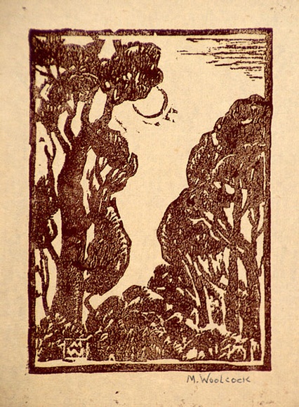 Artist: b'Woolcock, Marjorie.' | Title: b'Trees in moonlight' | Date: 1950s | Technique: b'linocut, printed in brown ink, from one block'