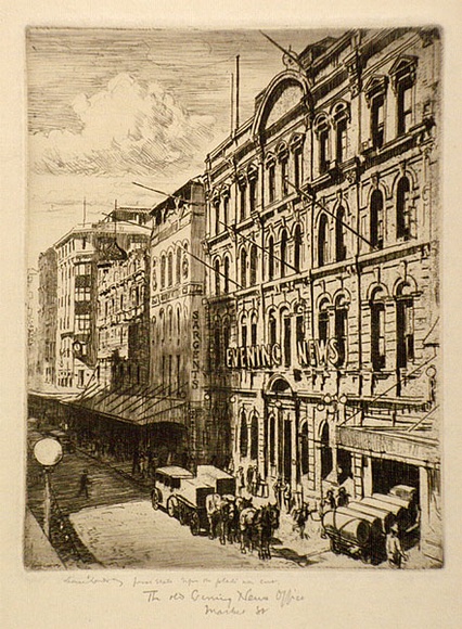 Artist: b'LINDSAY, Lionel' | Title: b'The old Evening News Office, Market Street, Sydney' | Date: 1926 | Technique: b'etching, drypoint and aquatint, printed in black ink with plate-tone, from one plate' | Copyright: b'Courtesy of the National Library of Australia'