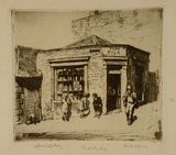 Artist: LINDSAY, Lionel | Title: The lolly shop, Essex Street, The Rocks | Date: 1923 | Technique: etching, and foul biting, printed in brown ink, from one plate | Copyright: Courtesy of the National Library of Australia