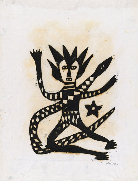 Artist: b'Kauage, Mathias.' | Title: b'not titled [person, snake and star]' | Date: 1969 | Technique: b'woodcut, printed in black ink, from one block'