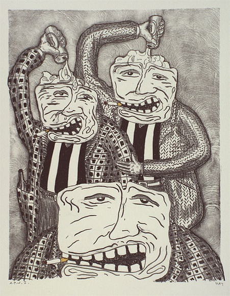 Artist: b'Hay, Bill.' | Title: b'not titled [Three men smoking, two pouring beer on their heads]' | Date: c.1990 | Technique: b'lithograph, printed in black ink, from one stone; hand-coloured'