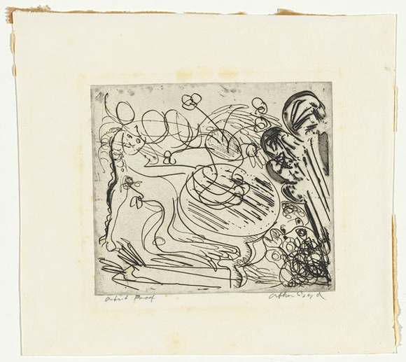 Artist: b'BOYD, Arthur' | Title: bRam and potter's wheel with pot of flowers. | Date: (1968-69) | Technique: b'etching and drypoint, printed in black ink, from one plate' | Copyright: b'Reproduced with permission of Bundanon Trust'