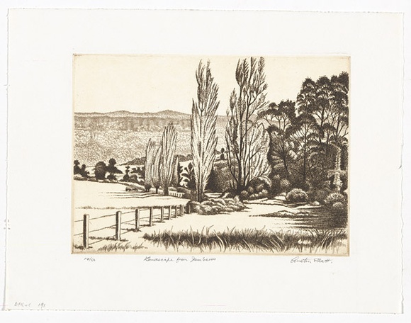 Artist: b'PLATT, Austin' | Title: b'Landscape from Jamberoo, NSW' | Date: c.1987 | Technique: b'etching, printed in black ink, from one plate'