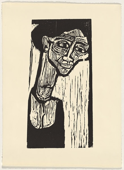 Artist: b'LAWTON, Tina' | Title: b'Self-portrait' | Date: c.1963 | Technique: b'linocut, printed in black ink, from one block'