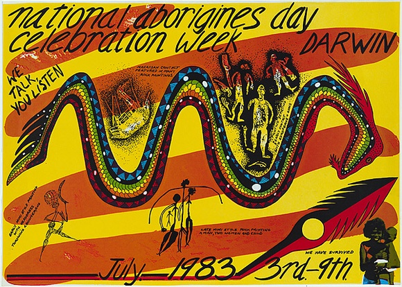 Artist: b'REDBACK GRAPHIX' | Title: b'National Aborigines Day, celebration week 1983' | Date: 1983 | Technique: b'screenprint, printed in colour, from four stencils' | Copyright: b'\xc2\xa9 Raymond John Young'
