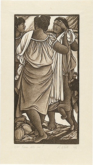 Artist: b'White, Robin.' | Title: b'Kam ake ise' | Date: 1995 | Technique: b'woodcut, printed in sepia ink, from two blocks'