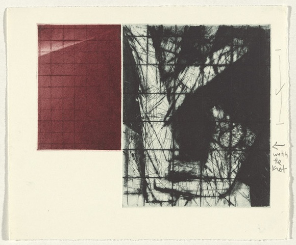 Artist: b'Pratt, John.' | Title: b'Incline' | Date: 30 March 1998 | Technique: b'etching and aquatint, printed in black and red ink, from two zinc plates'