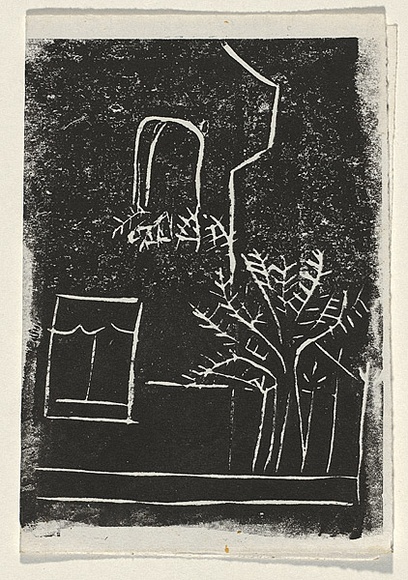 Title: Card: [house and tree] | Technique: linocut, printed in black ink, from one block