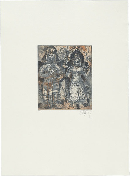 Title: b'Preah Khan, two figures' | Date: 1999 | Technique: b'softground-etching and aquatint, printed in colour, from two plates'