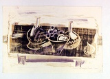 Artist: MACQUEEN, Mary | Title: Still life | Date: 1960 | Technique: woodcut, printed in black ink, from one block; linocut, printed in yellow ink, from one block; lithograph, printed in purple ink, from one plate | Copyright: Courtesy Paulette Calhoun, for the estate of Mary Macqueen